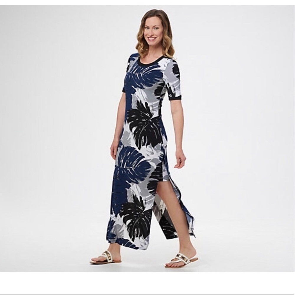 GILI navy palm side slit maxi dress